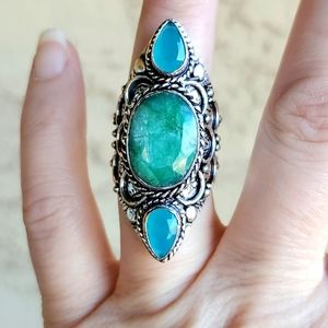 New Oversized Emerald & Chalcedony 925 Silver Statement Ring.